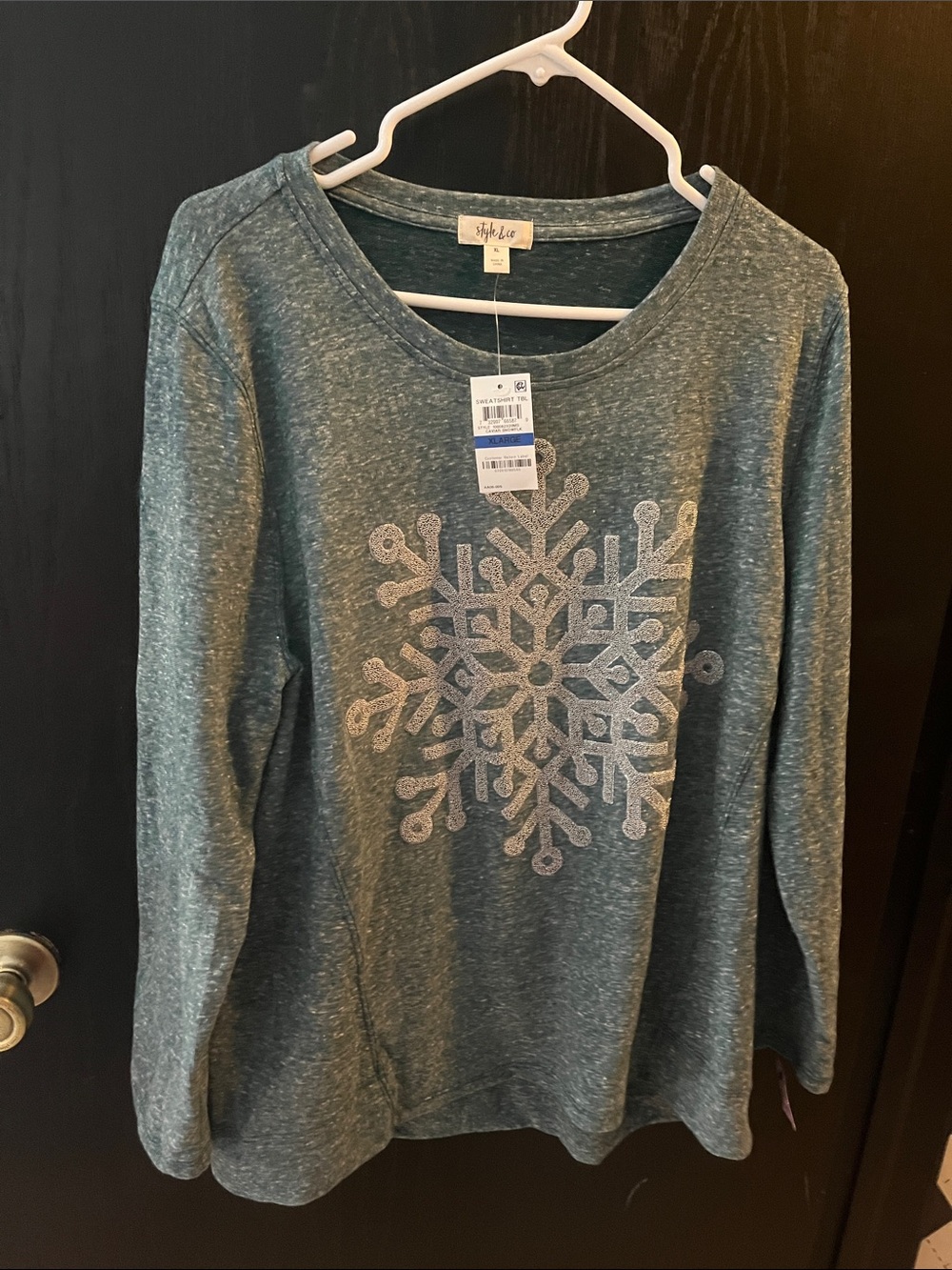 Style & Co. Teal Heather Long-Sleeve Sweatshirt with Glitter Snowflake